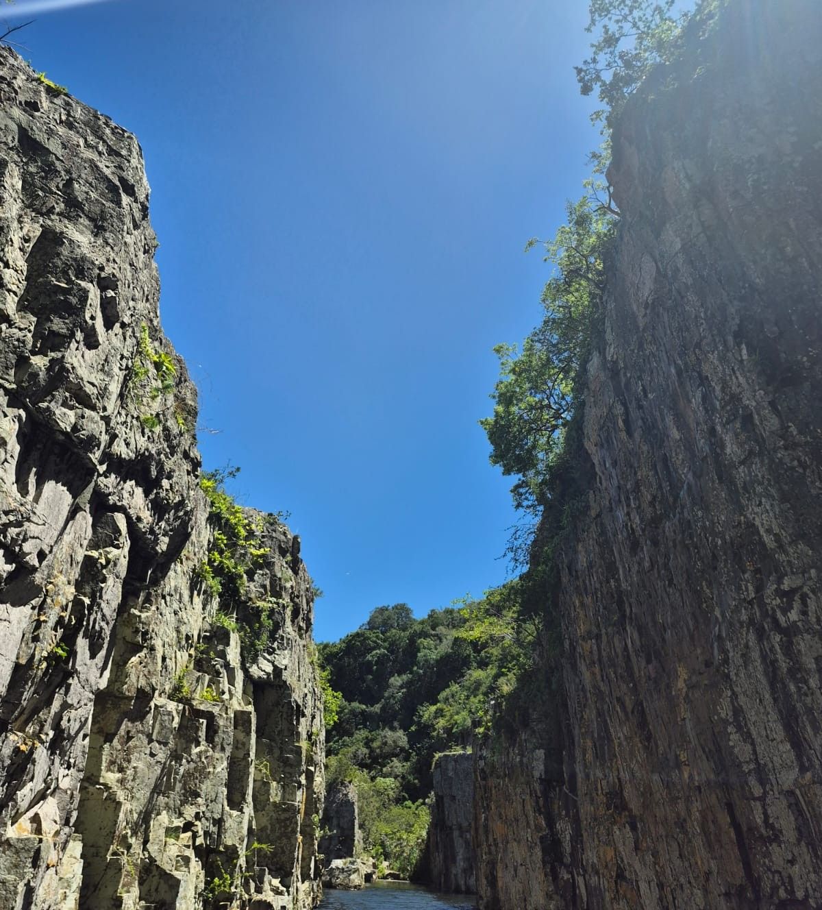 Sheer rock walls of a coastal gorge rising into a clear blue sky