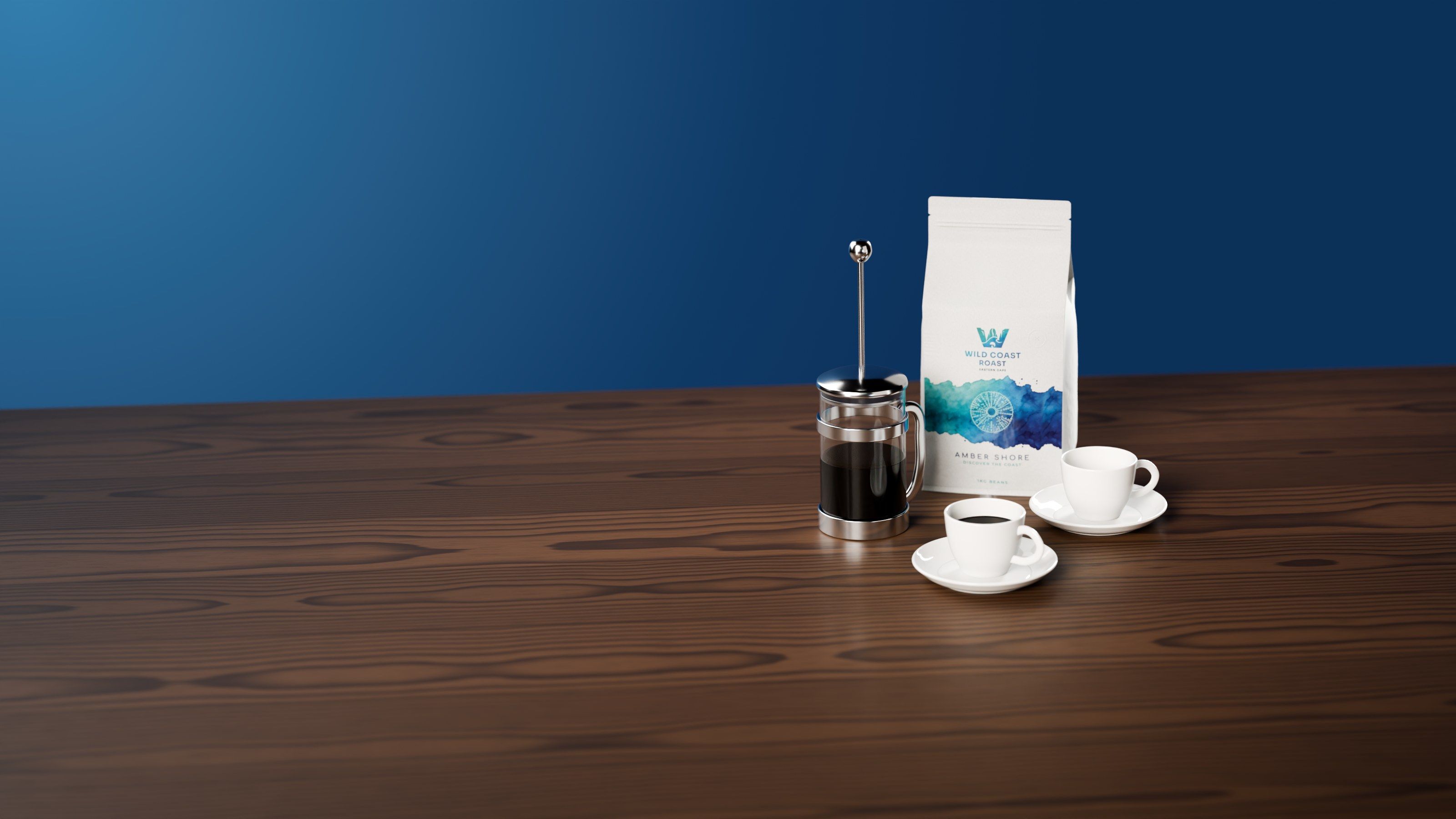 A French press, two cups of coffee and a pack of Amber Shore on a walnut table