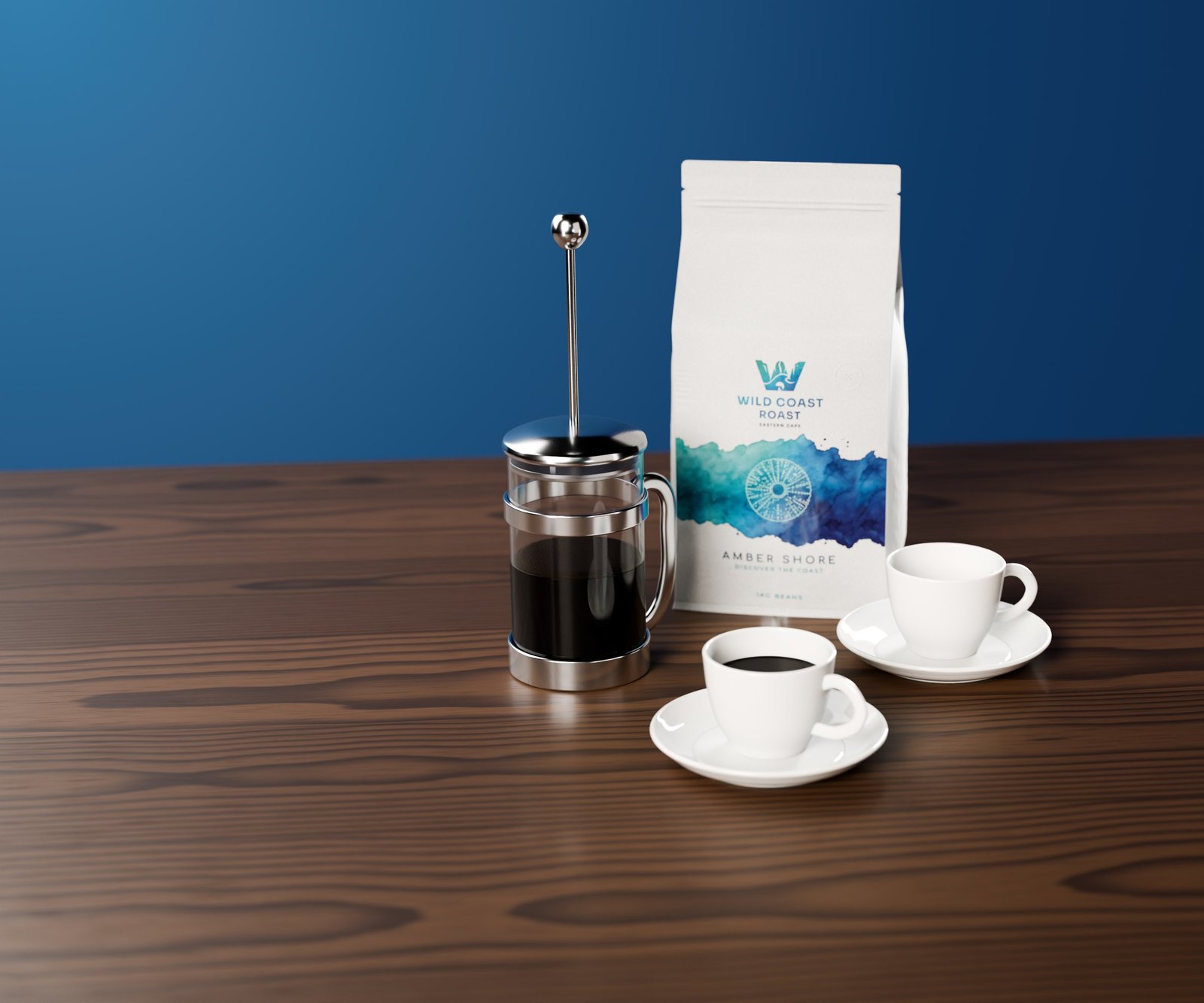 A French press and cups of coffee on a walnut table beside a pack of Amber Shore