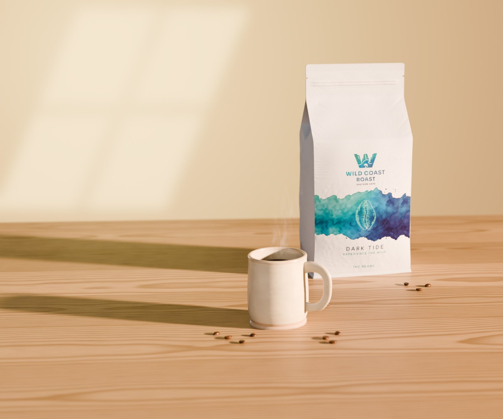 A mug of black coffee on an oak kitchen counter beside a pack of Dark Tide
